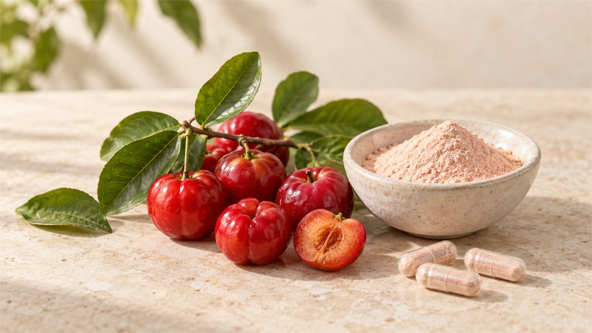 Fresh acerola fruit, acerola powder and capsules on a warm neutral background