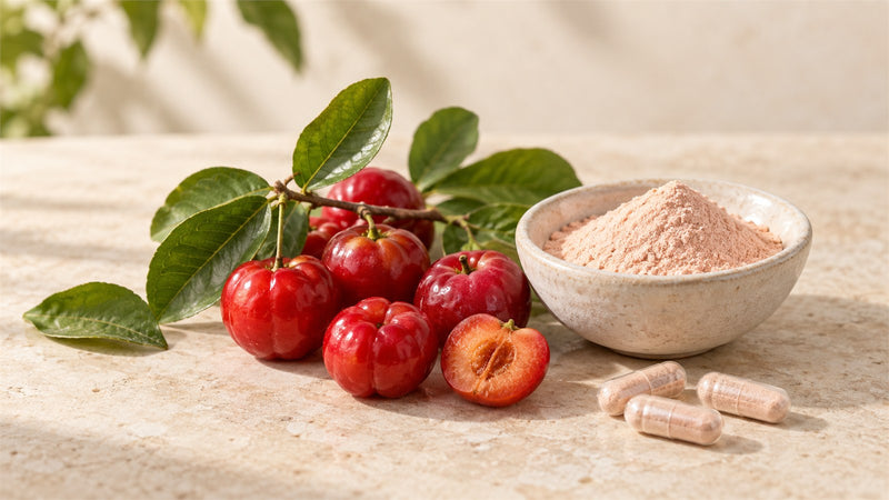 Fresh acerola fruit, acerola powder and capsules on a warm neutral background