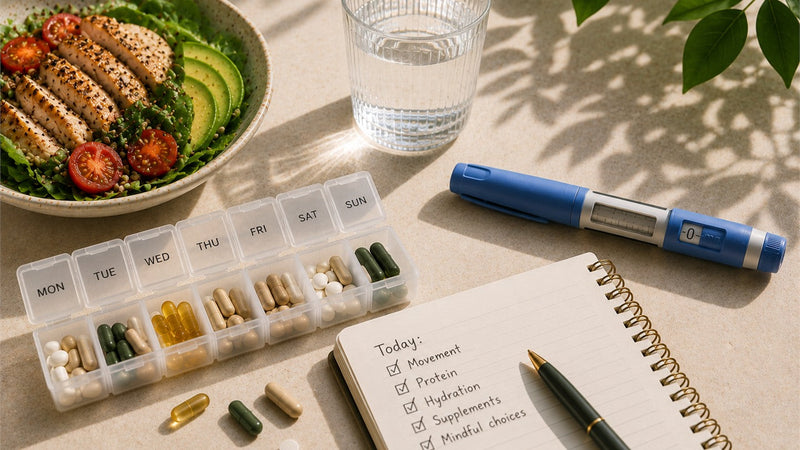 Healthy meal, weekly supplement organiser, water and an injection pen representing the GLP-1 supplement trend