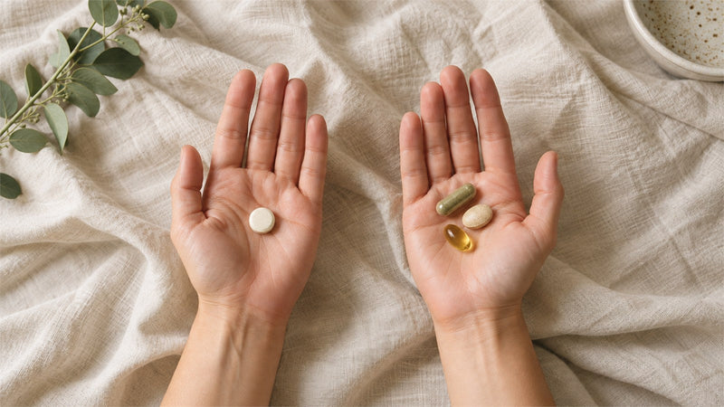 One supplement in one hand and several supplements in the other, comparing multivitamins with individual products