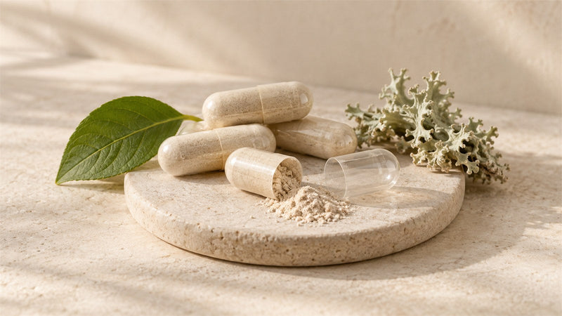 Plant-based capsules, a green leaf and lichen representing vegan supplement ingredient checks