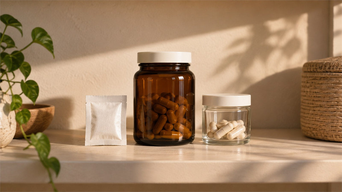 Amber supplement jar and sealed storage containers on a shaded shelf