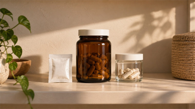 Amber supplement jar and sealed storage containers on a shaded shelf