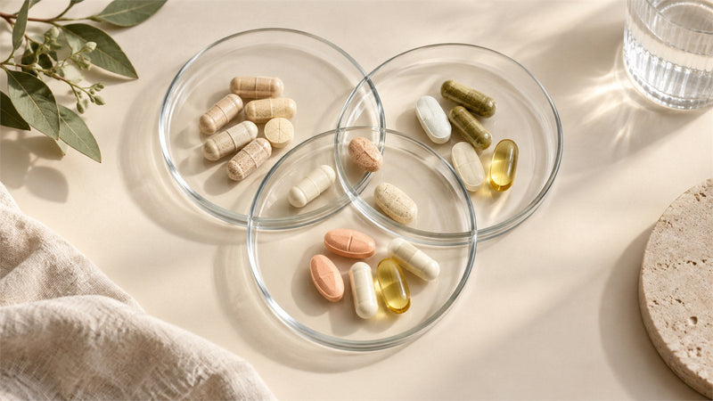 Overlapping glass dishes containing capsules and tablets, representing duplicated supplement ingredients