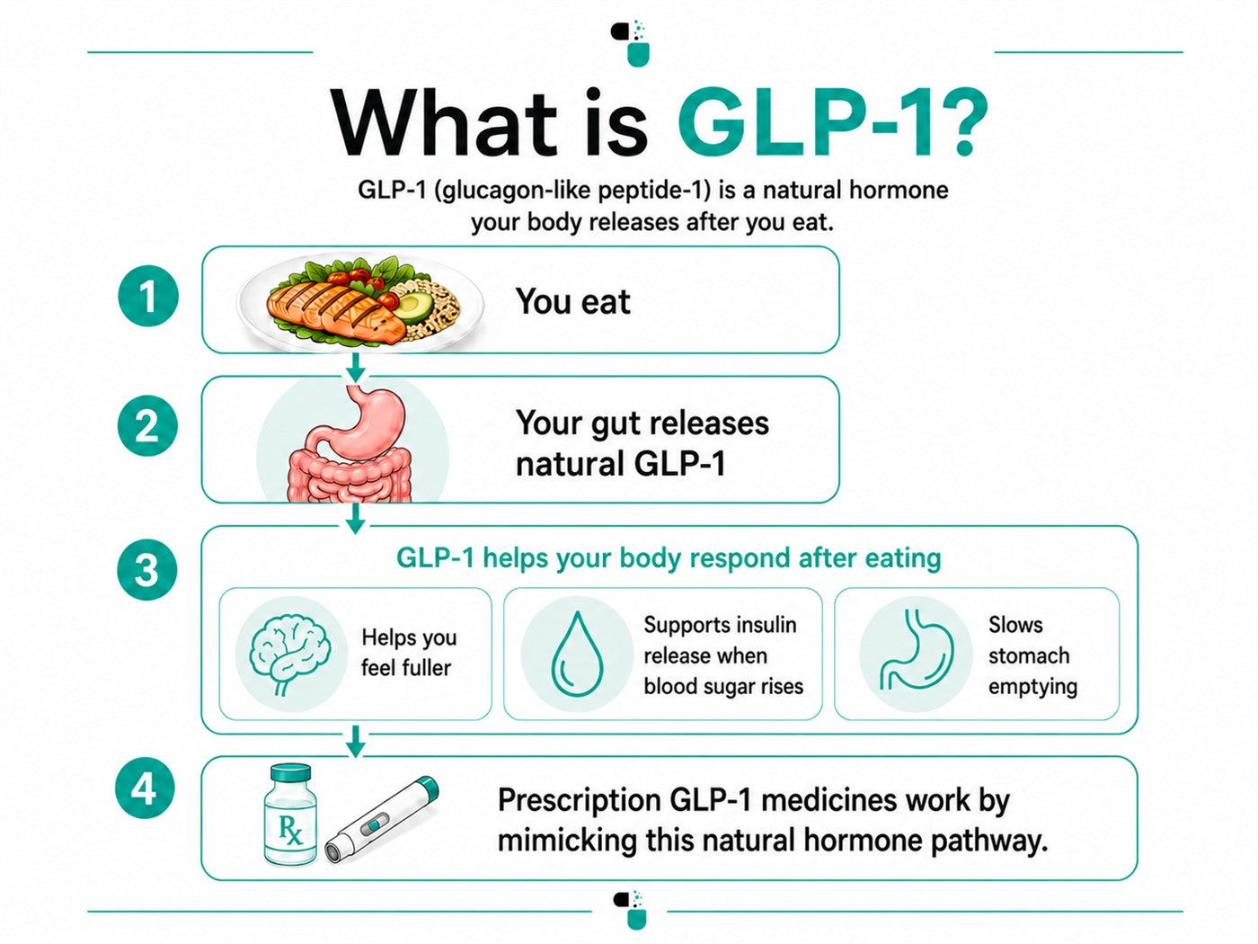 Simple four-step guide showing natural GLP-1 release after eating and how prescription GLP-1 medicines relate to the pathway