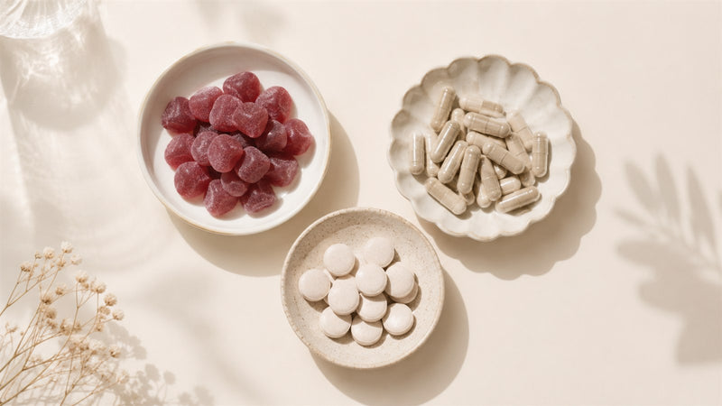 Editorial illustration of a gummy, a capsule and a tablet side by side