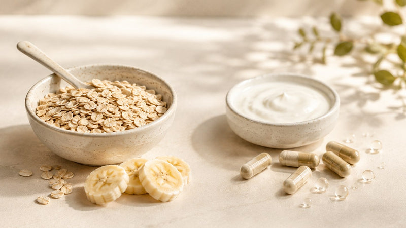 Oats, banana, yoghurt and probiotic capsules representing prebiotics and probiotics