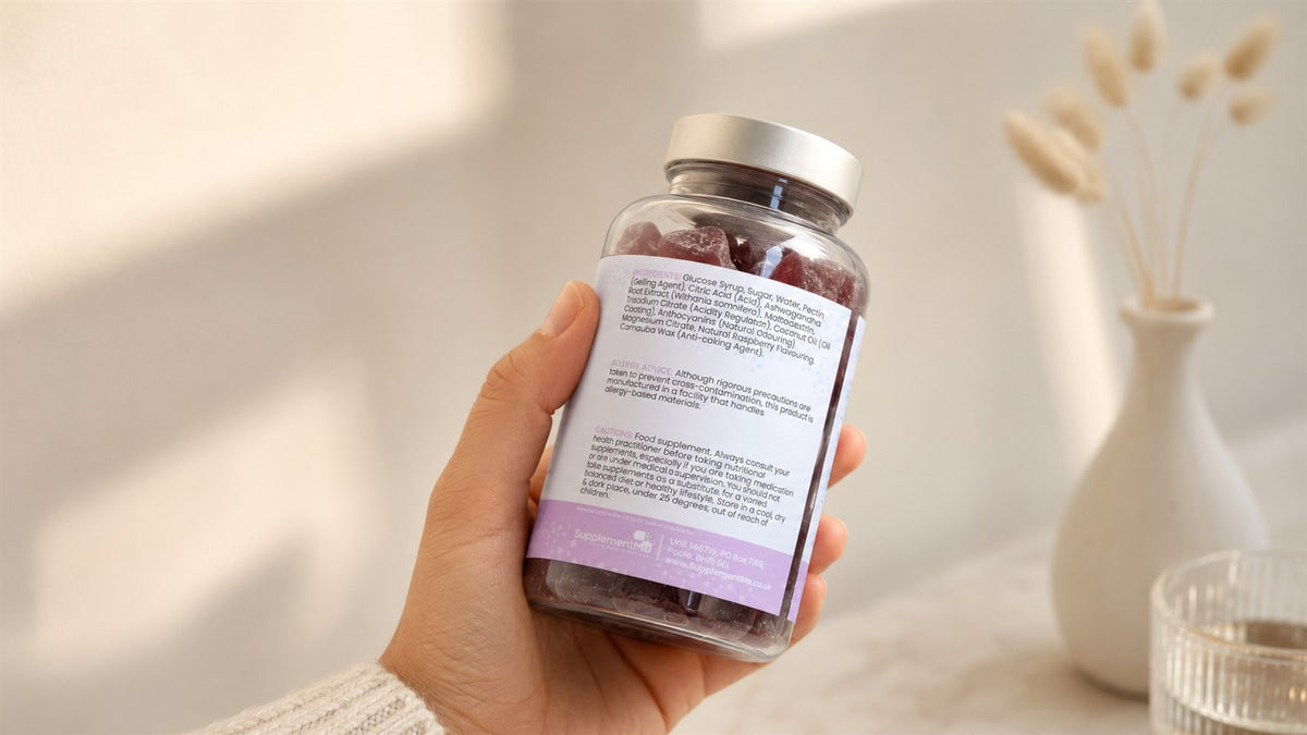 Editorial illustration of a supplement label with a magnifying glass