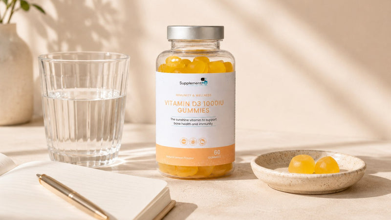 Vitamin D3 gummies with water and a daily planner