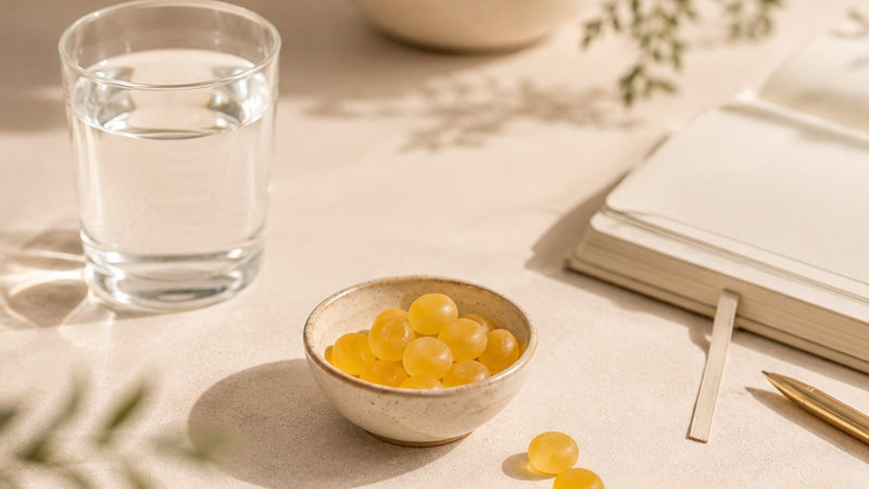 Vitamin D gummies beside a glass of water and a notebook