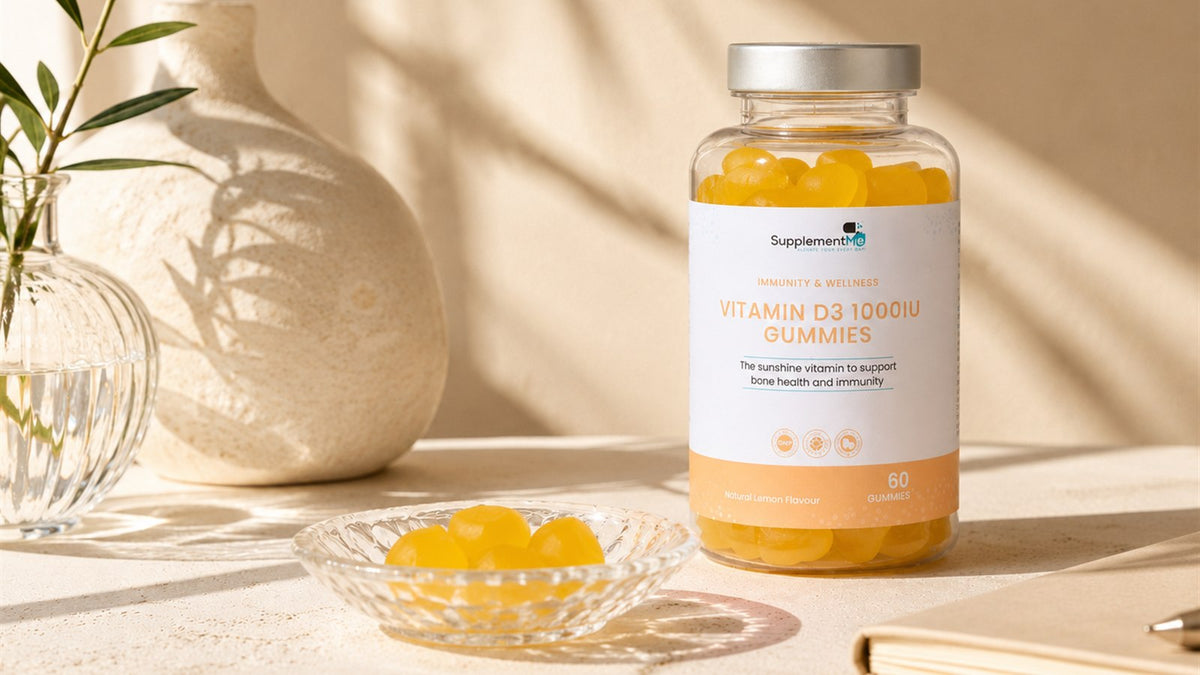 Editorial illustration of a sun and a droplet representing vitamin D unit conversion